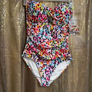 Anne Cole Abstract Colorful Dot Twist Bandeau Strapless Swimsuit 12 NWT
